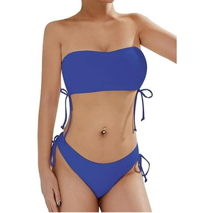 Women's Blue Bandeau <b>Bikini</b> <b>Set</b> Side Tie <b>String</b> Two Piece High Waisted Swimwear Solid Color Stretch Fabric Front Regular Fit - Product Image 5
