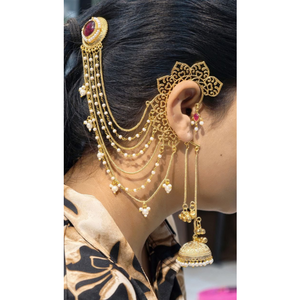 Boucles d'oreilles Jhumka indiennes traditionnelles plaquées or, style Bahubali, avec chaîne de perles multicouche, pour mariée et mariage - Product Image 1