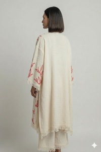 Robe longue beige en coton, col en V, manches longues, coupe ample, motif floral brodé, pour femme, tenue de soirée, ourlet à volants - Product Image 3