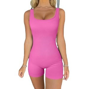 Wholesale Ribbed Sport Wear <b>Workout</b> Romper Women Custom Color Seamless Sleeveless Yoga Short Suit <b>Jumpsuit</b> Polyester/Nylon High - Product Image 3