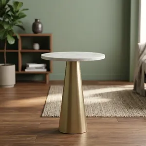 Modern <b>Round</b> White Marble Top Side <b>Table</b> with Brushed <b>Gold</b> Metal Cone Base Contemporary Accent End <b>Table</b> for Living Room Decor - Product Image 2