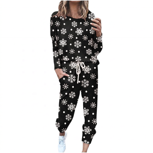 Ensemble de survêtement imprimé flocon de neige rouge pour femmes, col ras du cou, manches longues, pantalon de jogging avec cordon de serrage et poches latérales, vêtements décontractés d'hiver - Product Image 2