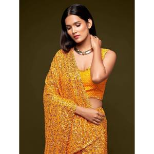 Robe de soirée, magnifique sari en georgette jaune miel orné de paillettes, idéal pour les fêtes - Product Image 3