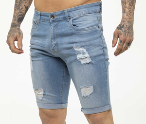Shorts de mezclilla rasgados y desgastados de algodón elástico transpirable de cintura media para hombre, hasta la rodilla, ideales para la temporada de verano. - Product Image 1