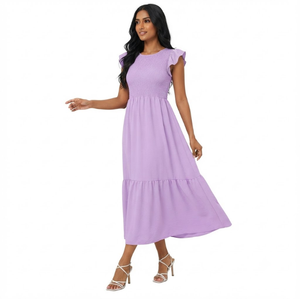 Elegante Vestido Midi Morado con Corte en A, Manga Corta, Cuello Redondo, Cintura Elástica, Sólido, Casual, Transpirable, para Primavera/Verano, para Mujer - Product Image 1
