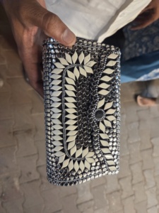 Contemporary MOP Shell Clutch Purse with Removable Metal Chain and Handmade Designer Finish - Product Image 1