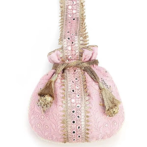 Sac Potli de Luxe Rose en Soie avec Broderie Chikankari et Miroir Doré, Pochette à Cordon pour Mariage et Soirée, Sac à Main Ethnique pour Femme - Product Image 1