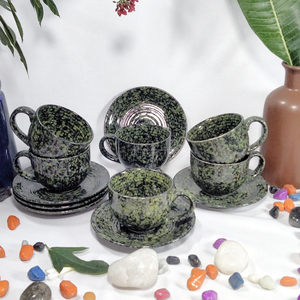 Juego de 6 Tazas de Té y Platos de Cerámica Artesanal Beige y Verde Moteado, Tazas de Café de Gres con Esmalte Reactivo - Product Image 4