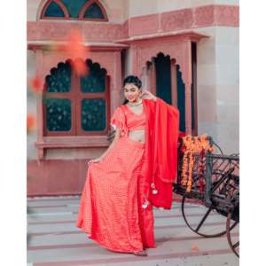 Conjunto de Lehenga Choli de Satén Rojo Escarlata Transpirable para Mujer, Secado Rápido, Todas las Temporadas, Talla XS - Product Image 1