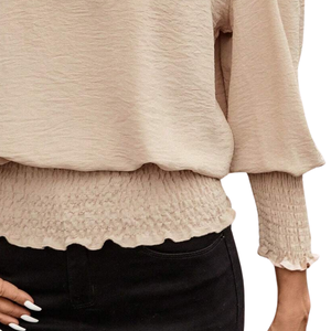 Women's Beige Solid Breathable Chiffon Blouse Crew Neck Hubble-<b>Bubble</b> Sleeve Ruffles Three Quarter Sleeve Loose Fit Casual <b>Top</b> - Product Image 5