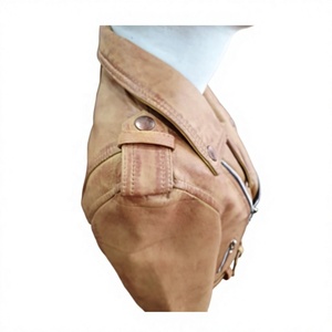 Kid's Tan Real Leather Moto <b>Biker</b> <b>Jacket</b> Zipper Closure Stand Collar Regular Fit Winter Style Front Logo Breathable Nabtay - Product Image 4