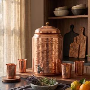 Handcrafted Hammered Pure Copper <b>Water</b> Dispenser Set with Stand Tap Bottle & Glasses Ayurvedic Copper Matka for Hydration - Product Image 2
