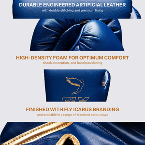 Guantes de Boxeo Fly Personalizados Nuevos, Guantes de Kickboxing Fly Azules y Dorados, con Correa de Muñeca Profesional, para Entrenamiento, Sparring y Uso en el Gimnasio - Product Image 3