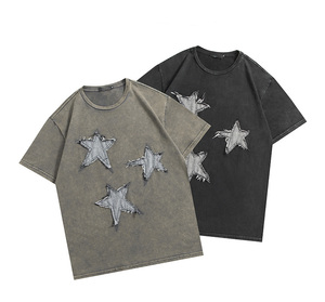 Oversized Men's Star Applique T-<b>Shirt</b> Short Sleeve Cotton Street Style O-Neck Geometric Pattern Vintage Tee - Product Image 1