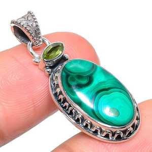 Green Malachite Pendant Peridot Two Stone 925 <b>Solid</b> Sterling <b>Silver</b> Natural Gemstone <b>Necklace</b> Jewelry Gift - Product Image 4