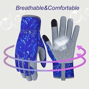 Guantes de Jardinería de Primera Calidad con Estampado Floral Azul, Pantalla Táctil, Palma Acolchada de Gamuza Sintética Gris, Guantes de Seguridad para Exteriores - Product Image 4