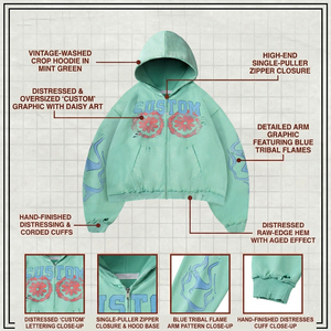 Sudadera con capucha y cremallera frontal personalizada para hombre, estilo oversize, diseño floral, serigrafiada, de algodón verde con forro polar. - Product Image 4