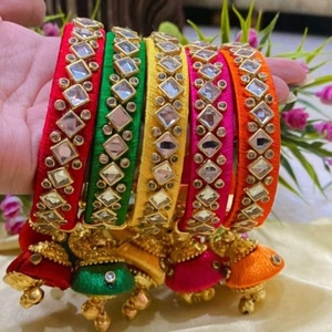 Elegant Multicolor Silk Thread <b>Bangles</b> Set with Kundan Stones and Traditional Ghungroo Charms Handcrafted <b>Indian</b> Ethnic Jewelry - Product Image 1