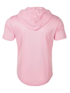 Men's Pink Hooded Henley Jersey T-Shirt Short Sleeve Regular Fit Solid Color Casual Knitted Pullover 200g - Product Image 2