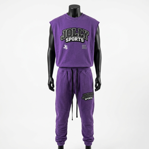 Heavyweight 200 GSM Cotton Sleeveless T Shirt And Jogger <b>Pants</b> Purple Stitched Knee Panel Custom Logo T shirt and <b>pant</b> men's - Product Image 3