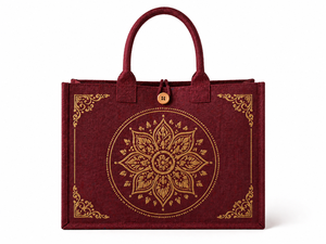 Sac fourre-tout en jute laminé rouge, motif floral, impression dorée, fermeture à bouton, doubles poignées, écologique, réutilisable, sac de mariage, sac de courses - Product Image 2