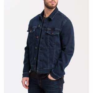 Veste en jean slim pour homme, bleu foncé, col rabattu, simple boutonnage, style décontracté, coton lavé, automne - Product Image 1
