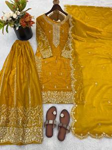 Conjunto de Salwar Kameez de Seda Pura Fandy Bordado en Amarillo Mostaza para Mujer, Traje Tradicional Indio Pakistaní para Boda, Corte Regular, Largo hasta el Tobillo - Product Image 6