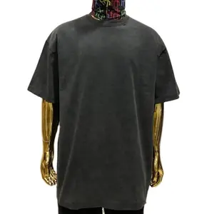 T-shirt imprimé Dtg personnalisé recadrée ourlet brut goutte épaule t-shirts surdimensionné Hip Hop Vintage coton lourd soleil délavé à l'acide t-shirts