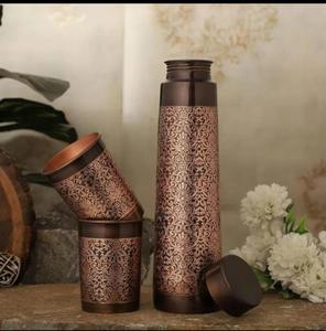 Pure <b>Copper</b> Water <b>Bottle</b> 1000ml Thermal Insulation 12-24 Hours Reusable with Lid Vintage Design Pressing Type Handmade Gift Box - Product Image 1