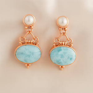 Boucles d'oreilles pendantes en larimar naturel et perles, argent sterling 925 plaqué or jaune et or rose, bijoux artisanaux en pierres précieuses pour femme - Product Image 4