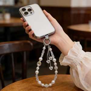Chaîne de téléphone portable à paillettes et perles, avec nœud et pompon, en cristal, courte, pour poignet, porte-clés en cristal - Product Image 5