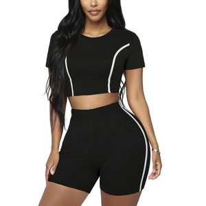 <b>Women</b> High Waist Solid Color <b>Short</b> Sleeve Crop Top And <b>Shorts</b> Set Quick Dry Spandex Polyester Summer Leisure Wear - Product Image 5