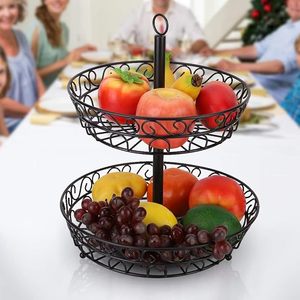 Panier à fruits en métal noir à 2 niveaux, support décoratif en fil métallique, organisateur de comptoir, panier de rangement rustique pour fruits et légumes de cuisine - Product Image 3