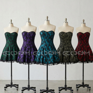 Vestido Corsé Gótico de Satén Azul Medianoche para Mujer |   Minivestido bustier sin tirantes de satén con superposición de encaje - Product Image 6