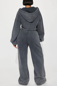 Ensemble de survêtement décontracté pour femme, hiver, imprimé, coupe oversize, avec sweat à capuche court, effet délavé à l'acide, strass, effet soleil, fermeture éclair, manches longues, écoresponsable - Product Image 5