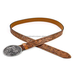 Great Craftmanship Retro Floral Embossed Western leather <b>tooling</b> <b>belt</b> for unisex with Designer Oval Shape rhinestone buckle - Product Image 5