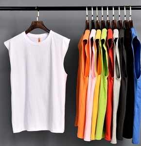 Camiseta de punto sin mangas para hombre de algodón de fibra larga, casual, deportiva, transpirable, ecológica, de secado rápido, teñida lisa, de longitud corta. - Product Image 2