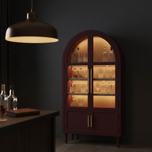 Vitrine rectangulaire en bois de caoutchouc, MDF, placage de chêne, portes à volets, 4 compartiments, armoire de salon moderne et classique - Product Image 2