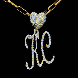 Hombre Mujer Hip-Hop Chapado en oro Plata de ley Iced Out Moissanite Diamond Bling Party Letra DE LA A-Z Charm Collar Corazón Bail - Product Image 4