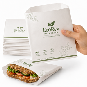 ถุงกระดาษใส่ขนมแบบใช้แล้วทิ้ง EcoRev คุณภาพพรีเมียม ย่อยสลายได้ เป็นมิตรกับสิ่งแวดล้อม กันน้ำมัน พร้อมหูหิ้วแบบไดคัท และปิดผนึกด้วยความร้อน - Product Image 2