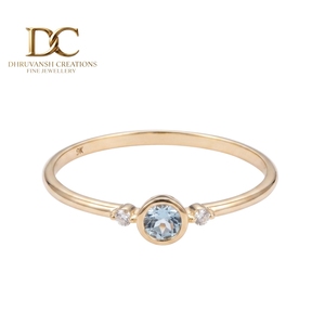 Unique Designer Solid Yellow Gold 14KT <b>Ring</b> With Lab Grown Diamond and Aquamarine Gemstone for Women's <b>Fine</b> Custom Jewelry - Product Image 1