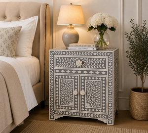 Mesa de Noche Decorativa de Resina con Incrustaciones de Hueso, con Cajón y Puertas, Mesa Auxiliar, Mesita de Noche con Incrustaciones de Hueso, Gabinete de Lujo para Dormitorio - Product Image 3