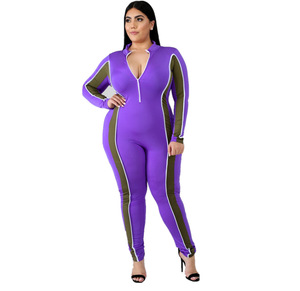 Mono morado con bloques de color para mujer, manga larga, cintura alta, cremallera frontal, ajuste ceñido, ropa de club, elastano, poliéster - Product Image 1