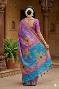 <b>Purple</b> Floral DIGITAL PRINT GACHI TASSAR Silk <b>Saree</b> For Women Traditional Wedding Wear Floor Length Wrinkle Free Regular Fit - Product Image 3