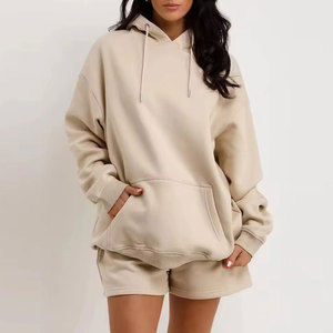 Conjunto de Sudadera con Capucha y Pantalones Cortos Casuales de Invierno para Mujer, Corte Regular, 100% Algodón, con Mangas Largas - Product Image 1