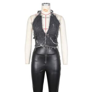 Top corto casual transpirable con efecto rasgado, sexy, sin mangas, de mezclilla con contraste de color, chaleco irregular, top corto de mezclilla para mujer - Product Image 5