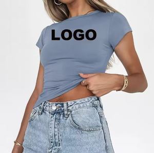 T-shirt tendance pour femmes à manches courtes, col rond, vêtements décontractés, couleur unie, impression numérique estivale - Product Image 2