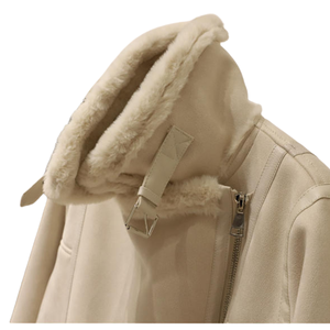 Women's Finished Faux Shearling Biker <b>Jacket</b> Solid Windproof Breathable Thin Zipper Closure Winter Warm <b>Suede</b> Coat ODM Wholesale - Product Image 5