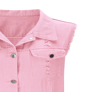 Chaleco vaquero rosa vintage para mujer, talla grande, ecológico, cortavientos, sin mangas, estilo crop, con botones, estilo urbano de invierno, con bolsillos - Product Image 2