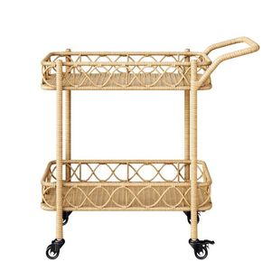 Multi Purpose Rattan Serving Trolley With Wine Bottle Holder And <b>Storage</b> <b>Shelves</b> For Home Bar Use - Product Image 1